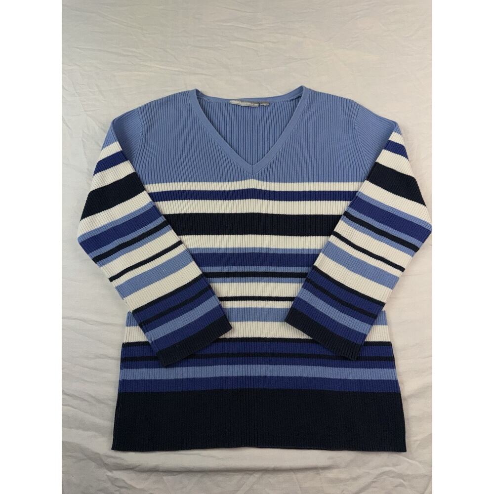 Womens Striped Sweater Blue Ribbed Knit V Neck Cotton Fitted Long Sleeve Y2